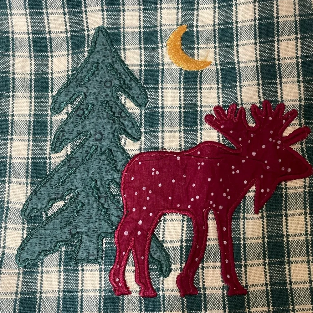 Vintage full apron cream and green plaid tree moose moon appliqué